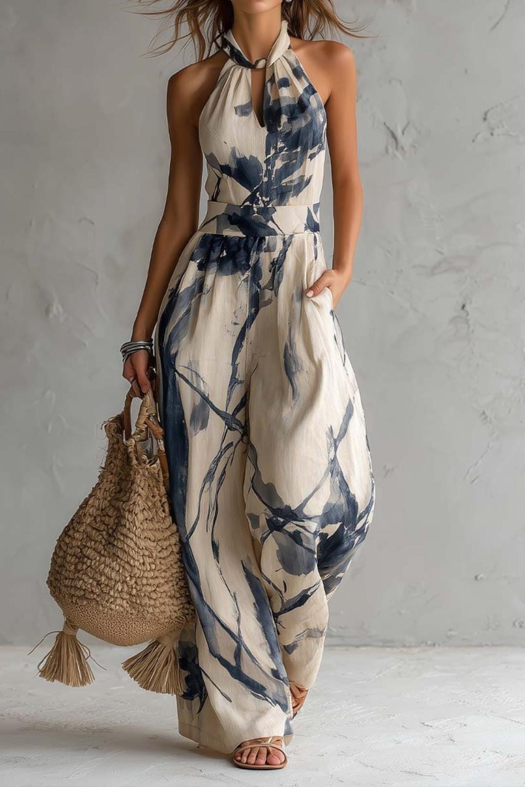 Women's Ink Wash Print Halter Jumpsuit – Wide Leg Beige